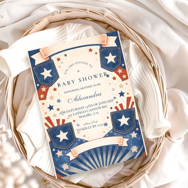 Invitation American Boy Vintage Denim Stars Baby Shower (Créateur téléchargé)