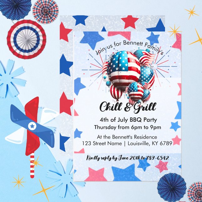 Invitation American Flag Balloon & Stars 4 juillet Party (Créateur téléchargé)