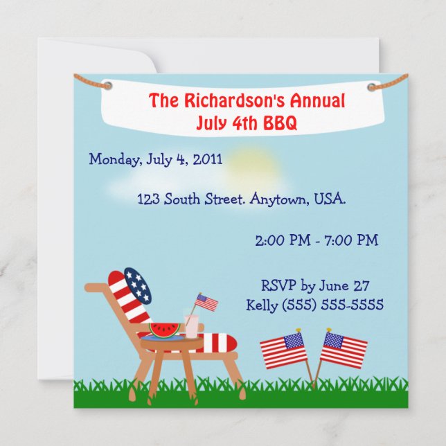 Invitation American Flag Chair 4 juillet ou Memorial Day BBBQ (Devant)