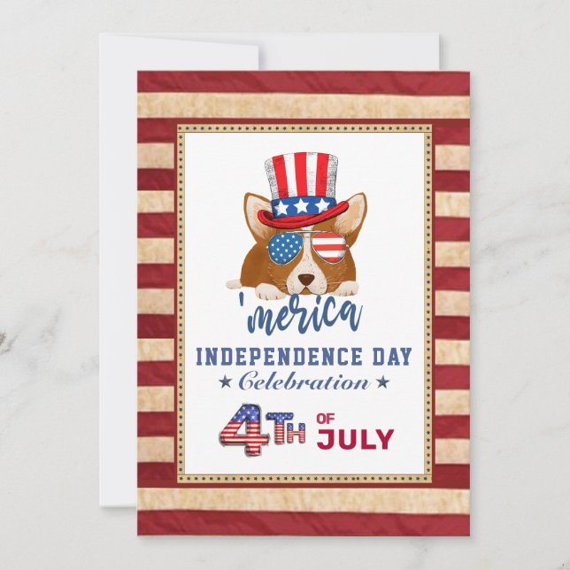 Invitation American Flag Patriotique Corgi 4 juillet (Devant)