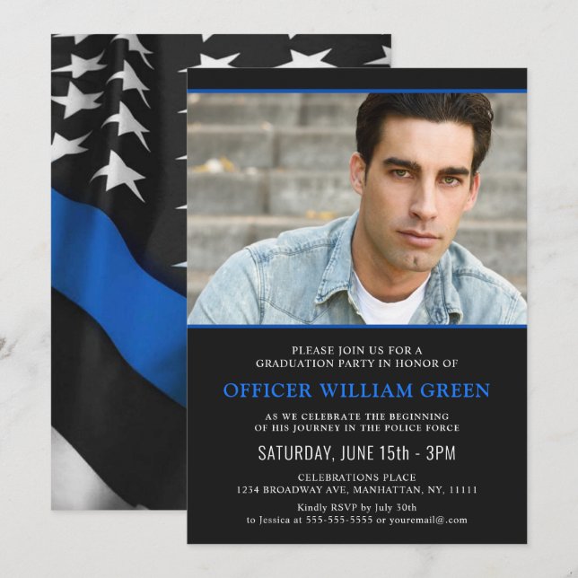 Invitation American Flag Police PHOTO Graduation Party Event (Devant / Derrière)