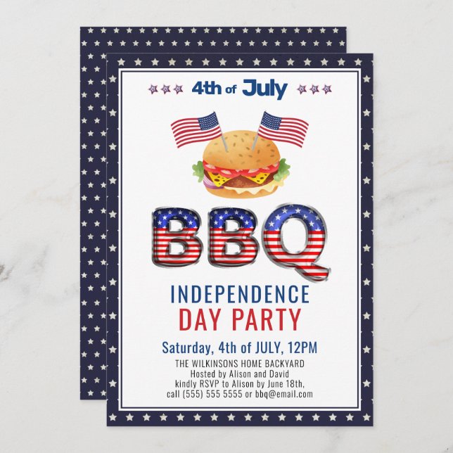 Invitation American Flag Red White Blue 4 juillet BBQ Party (Devant / Derrière)