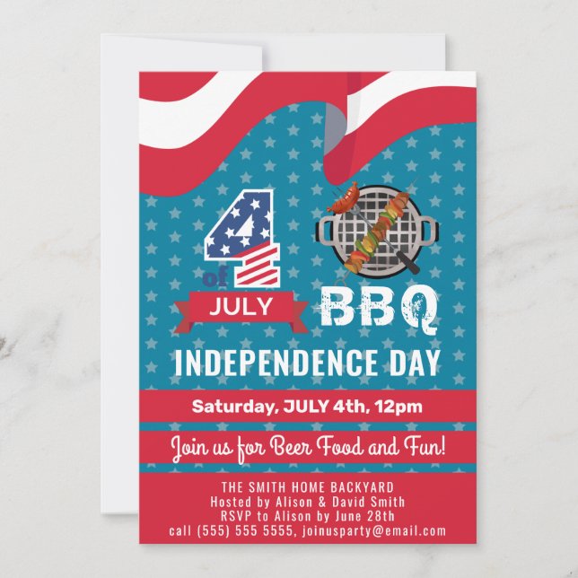 Invitation American Flag Red White Blue 4 juillet BBQ Party (Devant)