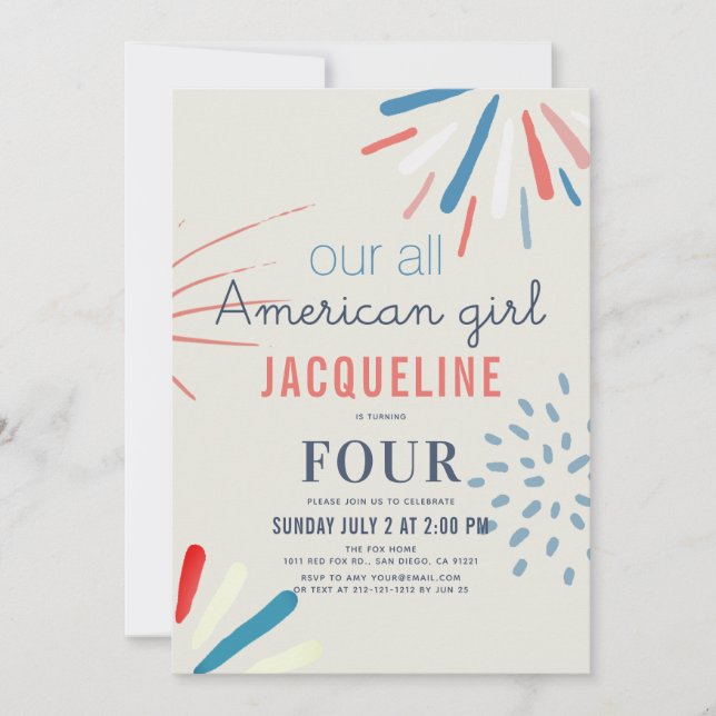 Invitation American Girl 4 juillet Feu d'artifice Anniversair (Devant)
