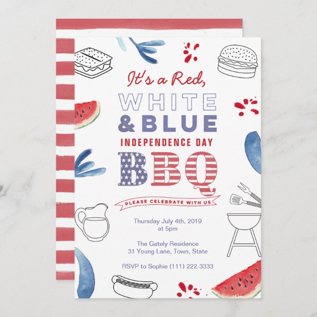 Invitation American Holidays BBQ Party Rouge Blanc Bleu (Devant / Derrière)