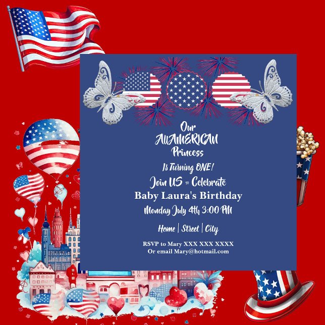 Invitation American Princess Butterfly Stars Anniversaire 4 j (American Princess Butterfly Stars Birthday 4 July Invitation)