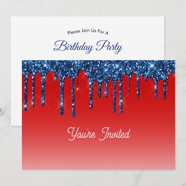 Invitation Americana Red Blue Glitter Drip Birthday (Devant / Derrière)