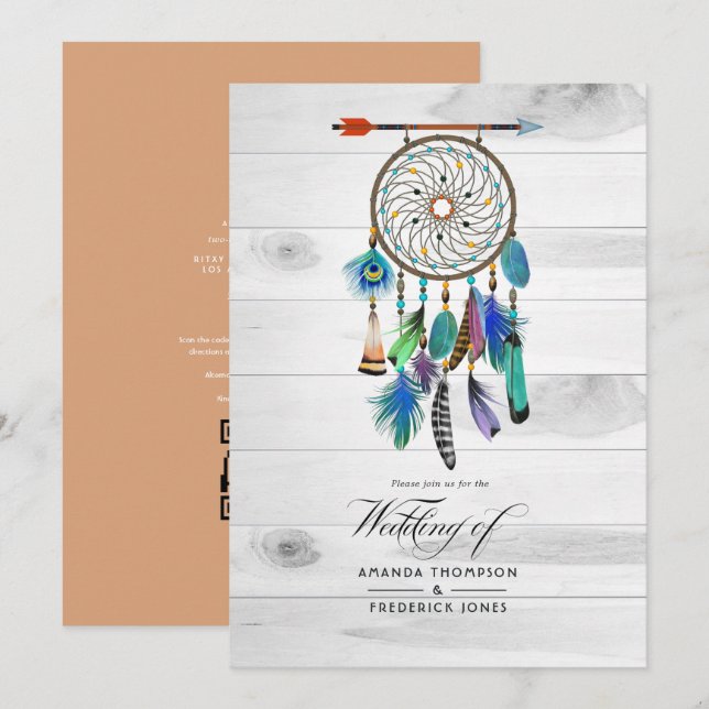 Invitation Amérindien Dreamcatcher Mariage de Bohême (Devant / Derrière)