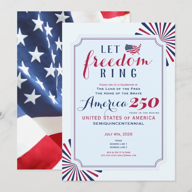 Invitation Amérique 250 Ans Anniversaire des États-Unis Sonne (Devant / Derrière)