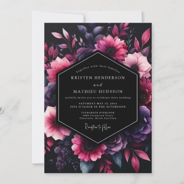 Invitation Amethyst Floral Noir Wedding (Devant)