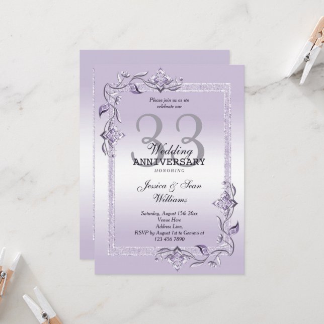 Invitation Amethyst Gem & Parties scintillant 33e anniversair (Devant/Arrière en situation)