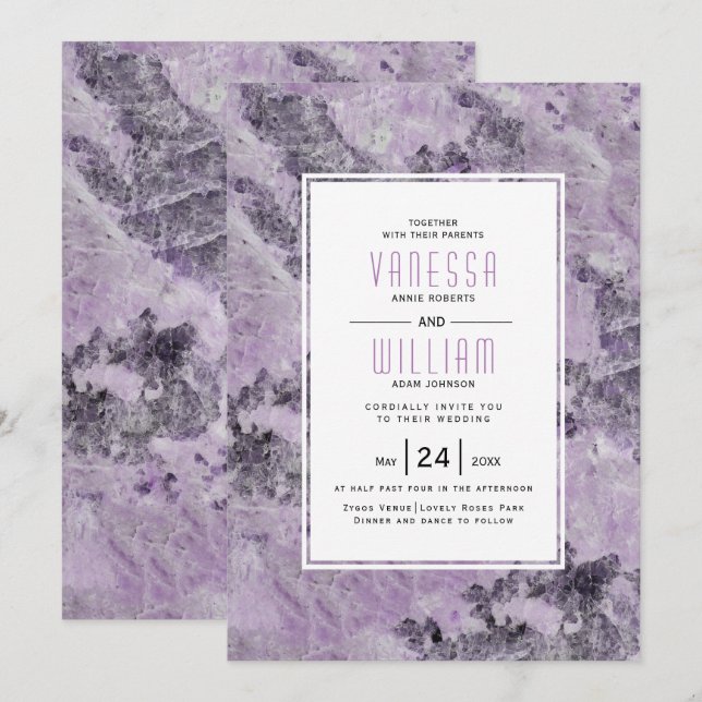Invitation Amethyst geode violet marbre moderne mariage (Devant / Derrière)