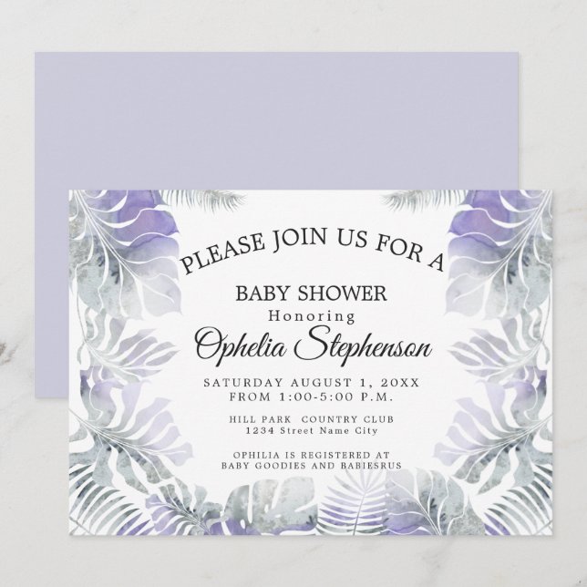 Invitation Amethyst Plum Botanique Turquoise Aquarelle Douche (Devant / Derrière)