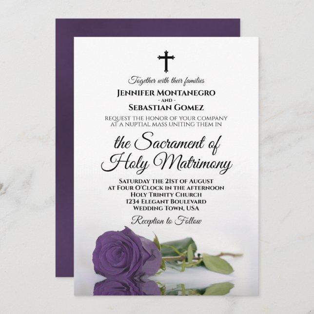 Invitation Amethyst Purple Rose Chic Mariage catholique moder (Devant / Derrière)