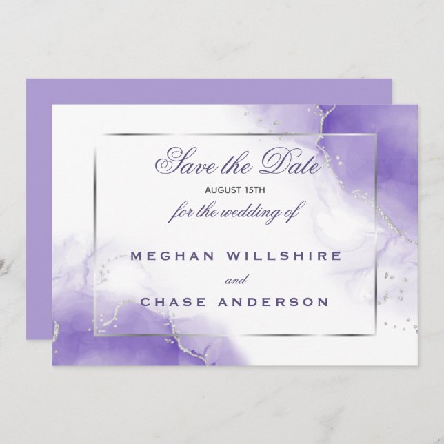 Invitation Amethyst Purple Script Argent (Devant / Derrière)