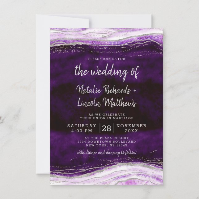 Invitation Amethyst Purple & Silver Geode Agate Rock Mariage (Devant)