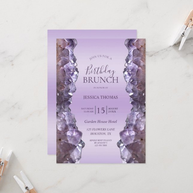 Invitation Amethyst Quartz Anniversaire Brunch (Devant/Arrière en situation)
