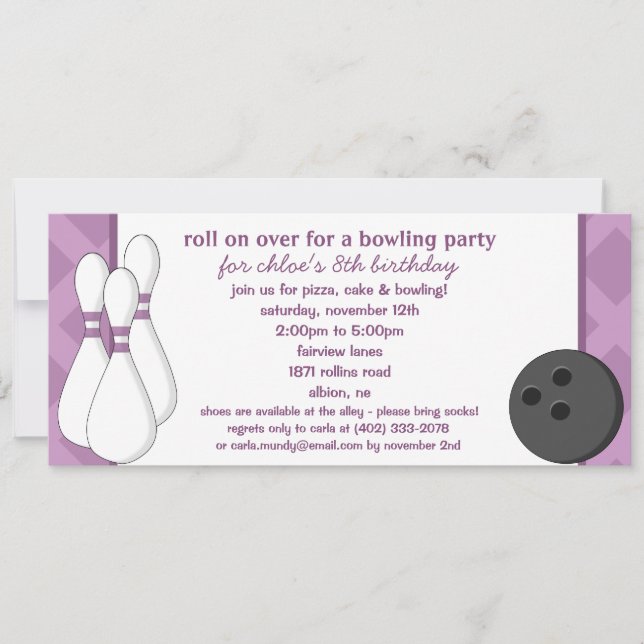 Invitation Amethyst Roll sur Bowling Birthday Party (Devant)