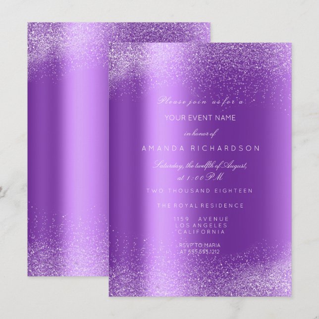Invitation Amethyst White Glitter Leafs Sand Frame Glam (Devant / Derrière)