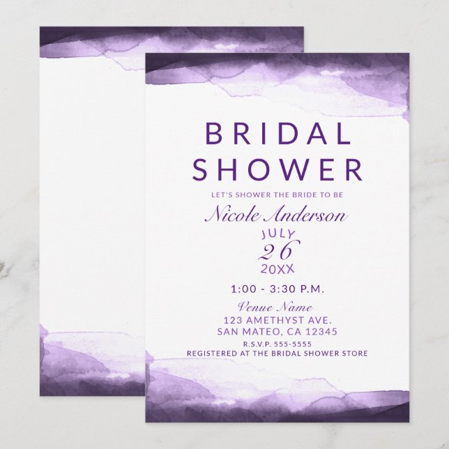 Invitation Améthyste Baignade de mariage aquarelle prune pour (Devant / Derrière)