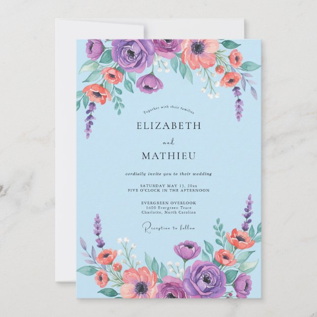 Invitation Améthyste Corail Ranunculus Eucalyptus Gris Mariag (Devant)