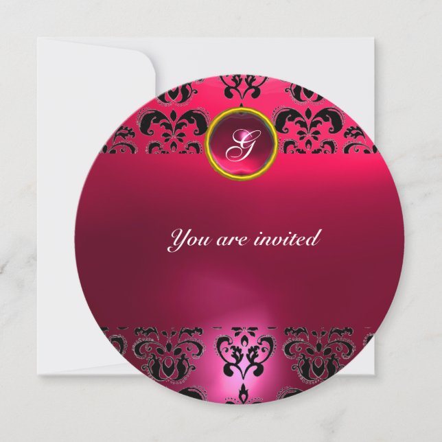 Invitation AMÉTHYSTE DAMAS GEMME PIERRE MONOGRAMME noir rose (Devant)