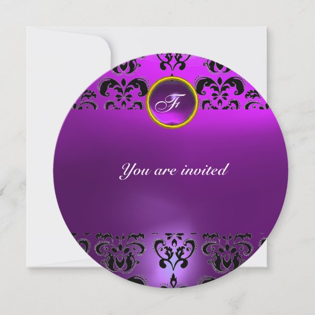 Invitation AMÉTHYSTE DAMAS GEMME PIERRE MONOGRAMME noir viole (Devant)