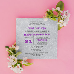 Invitation Améthyste et Parties scintillant d'argent Bat mitz