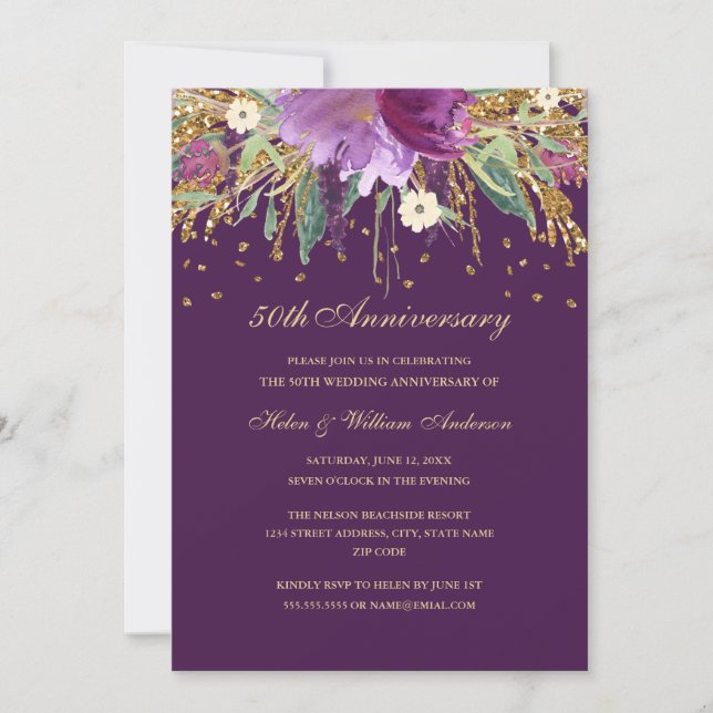 Invitation Améthyste Fleur Violet 50e Anniversaire de Mariage (Devant)
