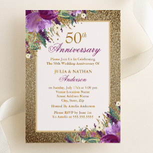 Invitation Améthyste Fleurie Pailletée Violette 50e Anniversa