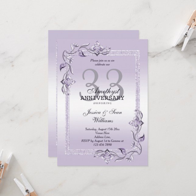Invitation Améthyste Gemme & Paillettes 33e Anniversaire de M (Devant/Arrière en situation)