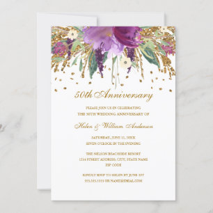 Invitation Améthyste Or Violet Floral 50e Anniversaire