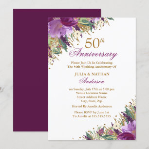 Invitation Améthyste Pailletée Fleur Violet 50e Anniversaire