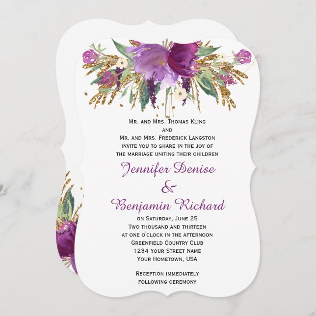 Invitation Améthyste violet or Aquarelle Fleurs Mariages (Devant / Derrière)