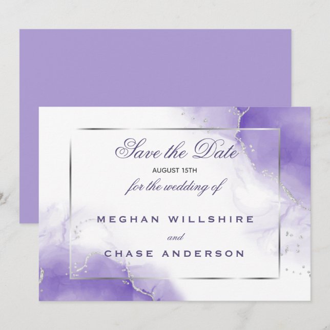 Invitation Améthyste Violet Script Argent (Devant / Derrière)