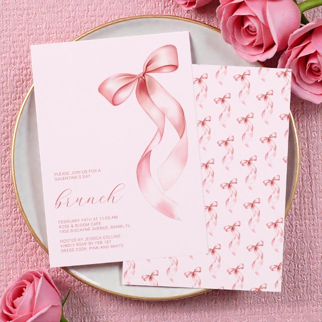Invitation Amies à l'arc rose pour le brunch de la Saint-Vale (Pink Bow Friends Valentine Galentine’s Day Brunch Invitation)