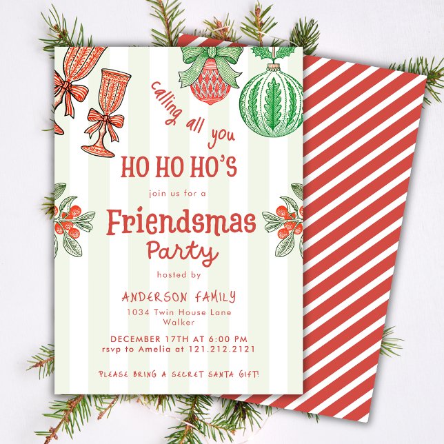 Invitation Amis de Festive Fête de Noël Rayures Drôles (Créateur téléchargé)