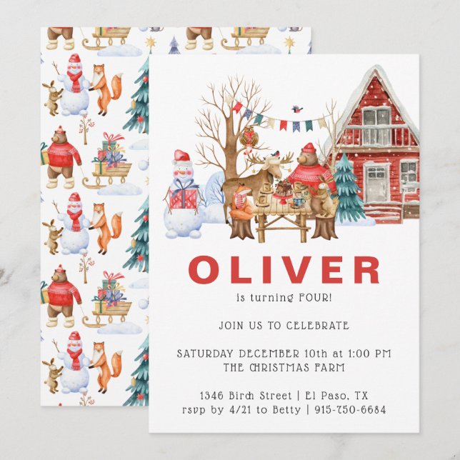 Invitation Amis de la forêt en hiver | Fête d'anniversaire de (Devant / Derrière)