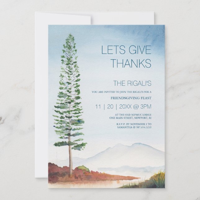 Invitation Amitié Thanksgiving Watercolor Pine Tree (Devant)