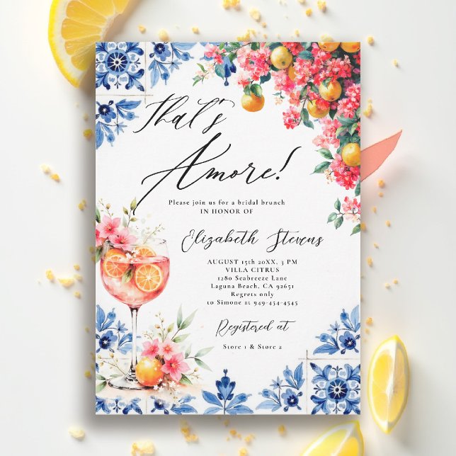 Invitation Amore Italian Lemon Floral Brunch Bridal Shower  (thats amore italian themed bridal shower invitation lemon blue watercolor floral bouganvillea brunch)