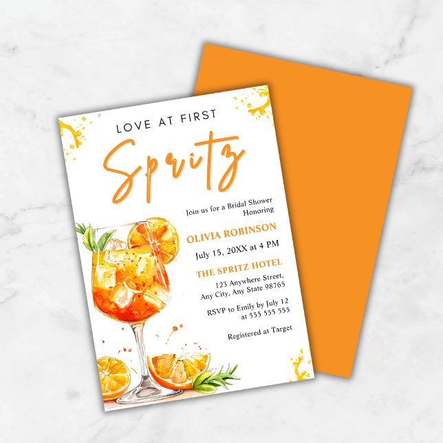 Invitation Amour au Premier Spritz Cocktail Orange Fête de Ma (Love at First Spritz Cocktail Orange Bridal Shower Invitation )