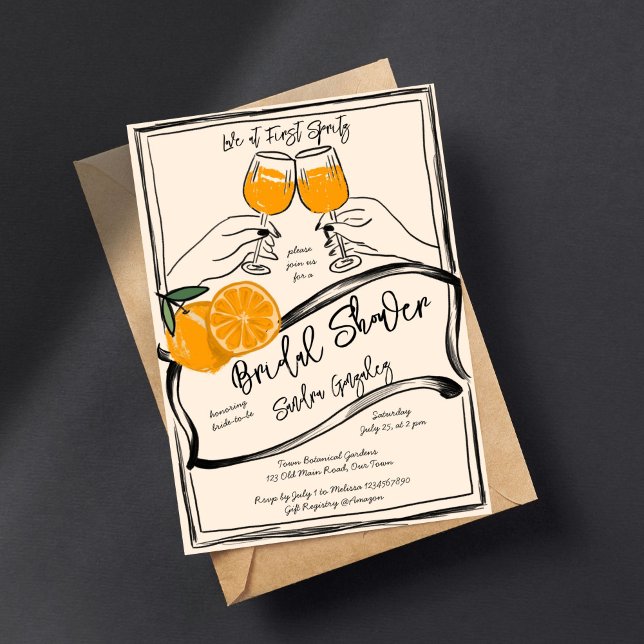 Invitation Amour au premier spritz rétro croquis orange (Love at first spritz retro orange rough sketch bridal shower invitation template digital download )