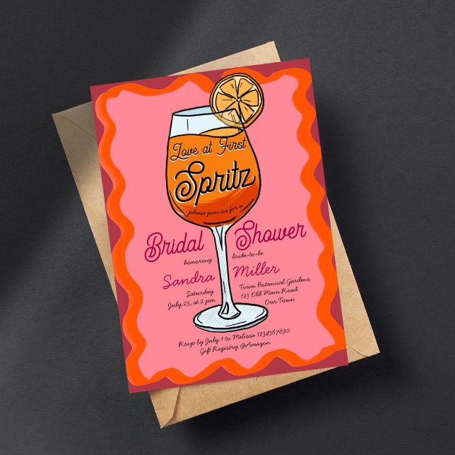 Invitation Amour au premier spritz rétro ondulé orange croqui (Love at first spritz retro wavey orange pink sketch invitation template digital download Squiggle)