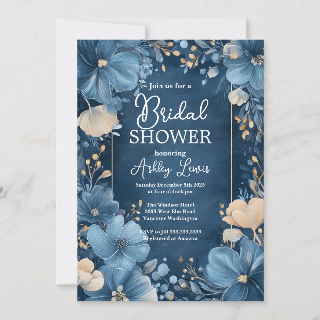 Invitation Amour Bleu de mariée, Fleurs bleues (Devant)