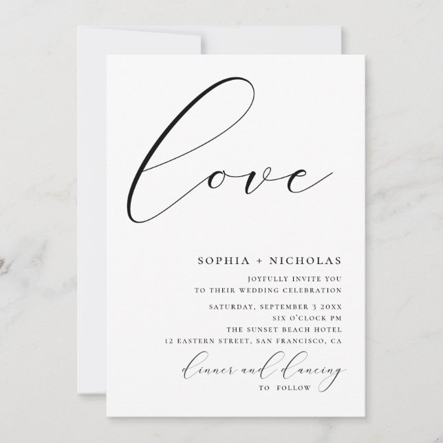 Invitation Amour. Calligraphie noir et blanc mariage simple (Devant)