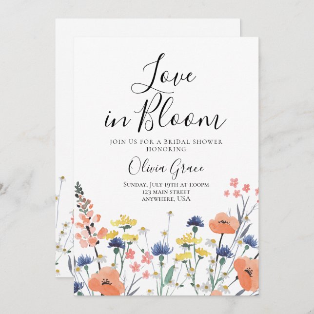 Invitation Amour dans Bloom Fleur sauvage douche nuptiale Inv (Devant / Derrière)