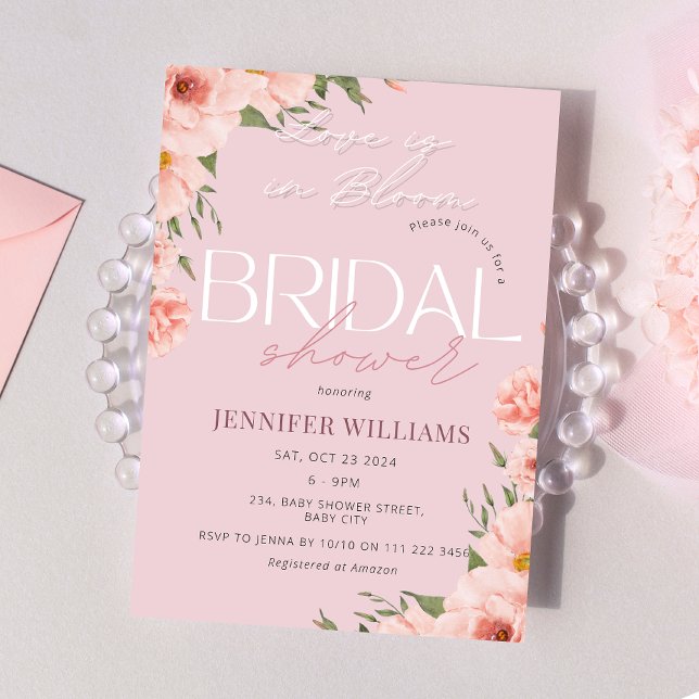 Invitation Amour Dans La Fête des mariées Florale Rose Fleur  (Love is in Bloom Blush Pink Bridal Shower Invitation)