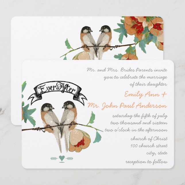 Invitation Amour de fleur de cerisier vintage Oiseau pêche me (Devant / Derrière)