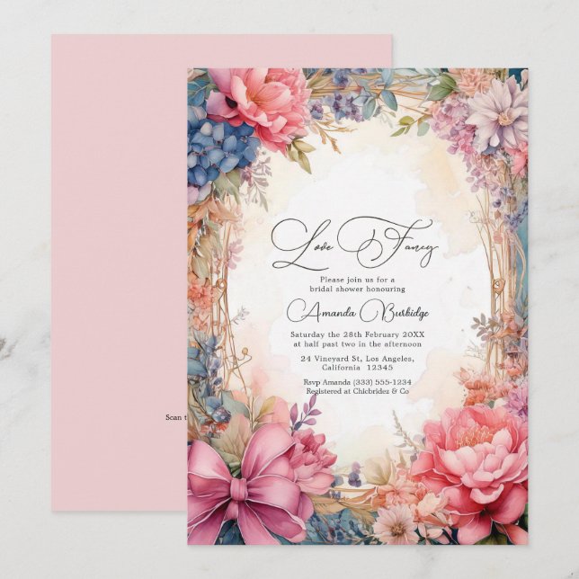 Invitation Amour Élégant Code QR Fête de Mariage Floral Fanta (Devant / Derrière)
