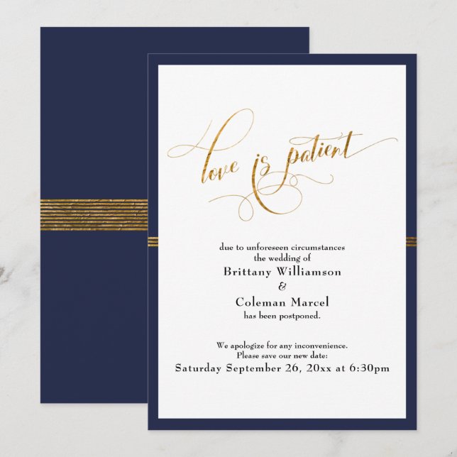 Invitation Amour Élégant est Patient Navy & Gold Stripe Card (Devant / Derrière)